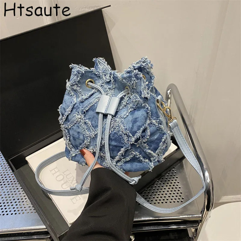 

Vintage Long Strape Bags Small Shoulder Bags For Women Flap Denim Mini Handbag Buckets Crossbody Bag Brand Designer Handbag