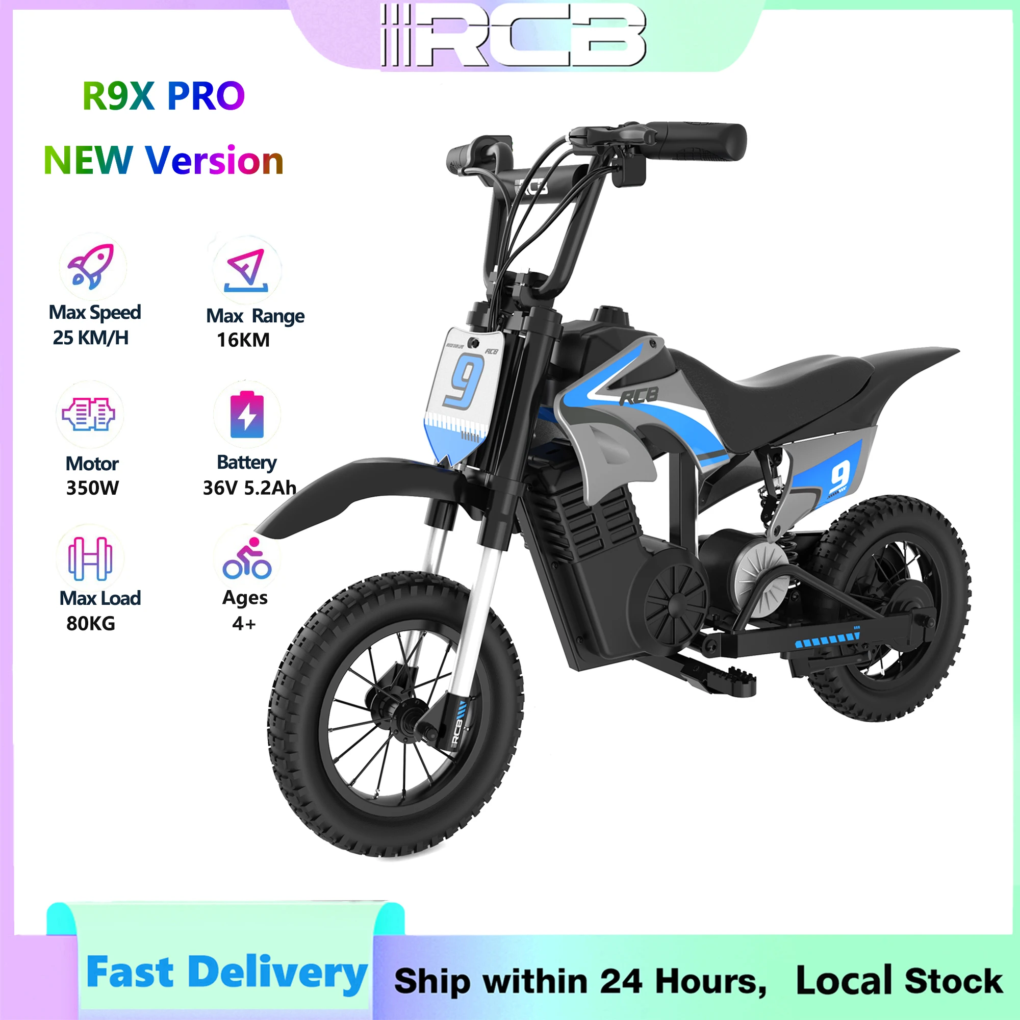 RCB R9X PRO elektrische kindermotorfiets, 36V 5.2Ah 350W, 12'' 25 km/u, 16 km bereik, dubbele dempers, sfeerverlichting, vanaf 6 jaar - afbeelding 1