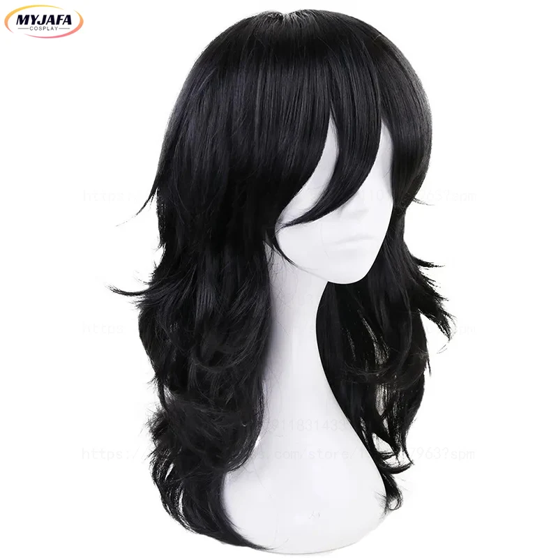 Hochwertige Shouta Aizawa Cosplay-Perücke, 45 cm, schwarze lockige, gewellte, hitzebeständige Kunsthaar-Anime-Perücken + Perückenkappe