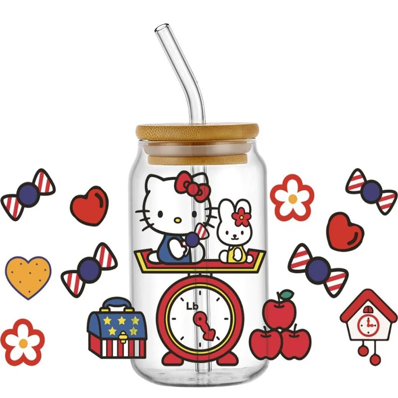 Hot sale Cat Theme UV DTF Cup Wrap Transfers Decals Stickers for 16OZ Libbey Glass Can Cups Tumbler