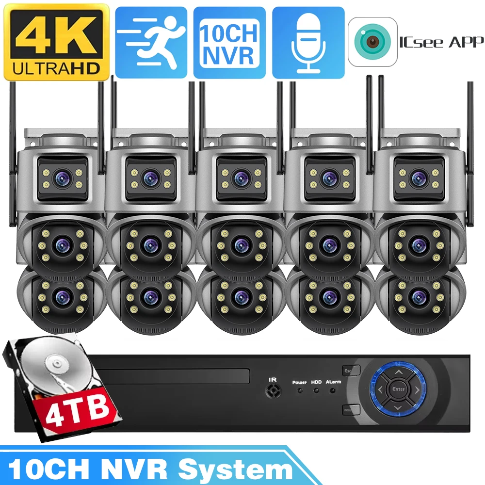 4K POE 10CH طقم NVR عدسة مزدوجة 8MP الأمن واي فاي كاميرا متحركة نظام المسار التلقائي CCTV في الهواء الطلق IP المنزل كاميرا مراقبة فيديو مجموعة