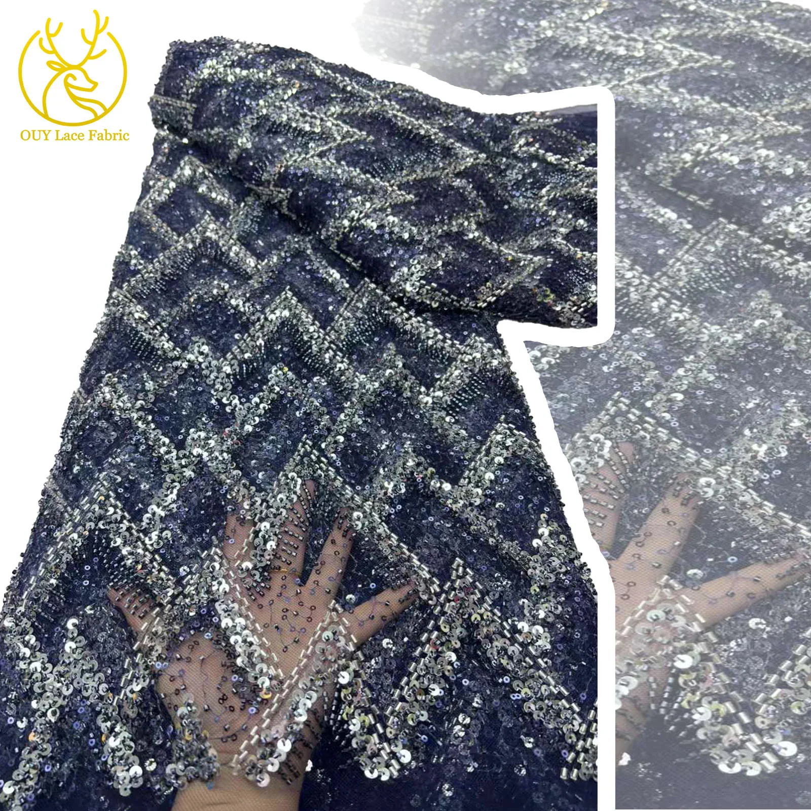 

Navy Blue High-end French Beaded Tulle Lace Fabric 2025 New African Sequin Lace Fabric for Wedding Party Dress Sewing 5 yards