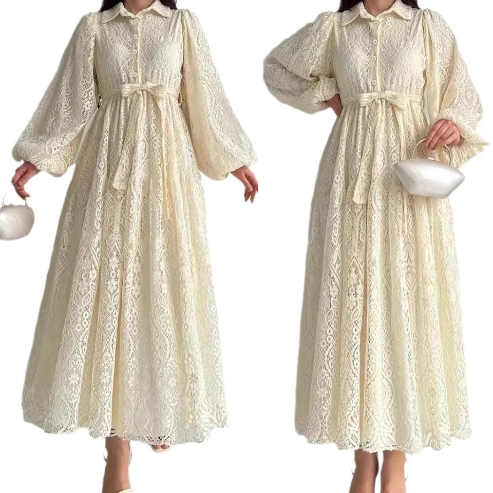 

Lace Lapel Collar Robe Fashion Elegant Dress for Women 2025 Muslim New Maxi Dresses