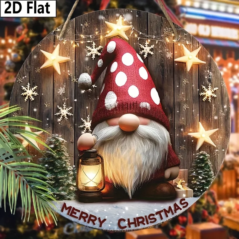 2D Flat Christmas Gnome Wooden Sign - Festive Round Door Hanger with Merry Christmas Dwarf Design, Red & White Checkered Hat, an