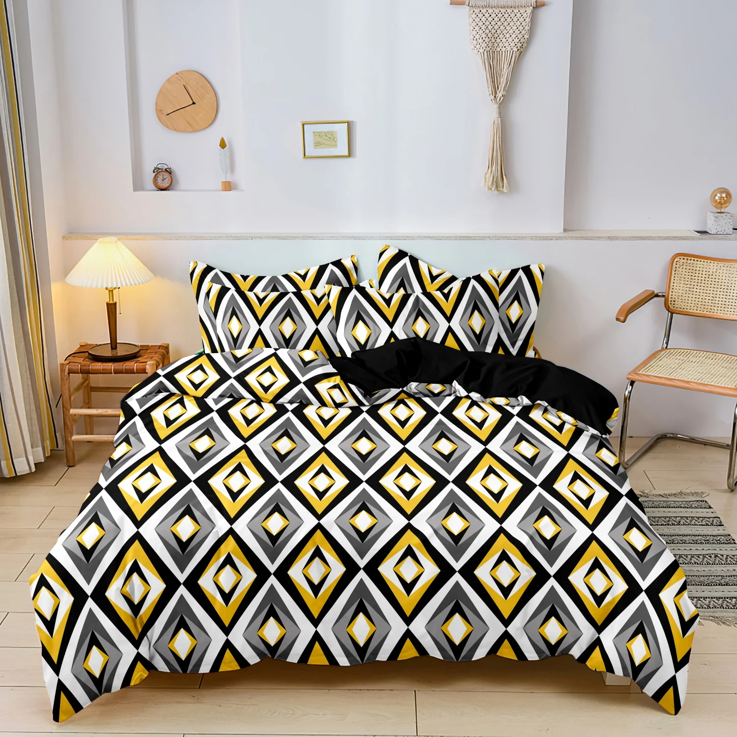 Black Yellow White Grey Rhombus Geometric 3 Pieces Duvet Cover Set, Modern Layered Lattice Minimalist Print Bedding