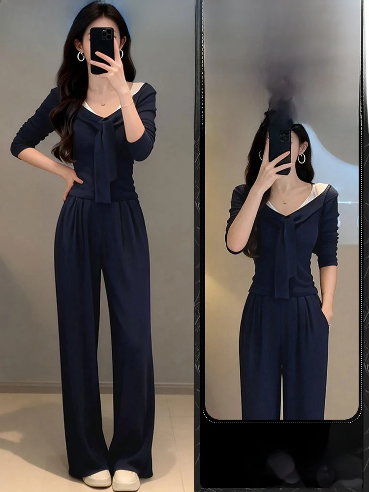 

Повседневный модный женский комплект из футболки и брюк, весна 2026, высококачественный, дышащий, из смесового хлопка