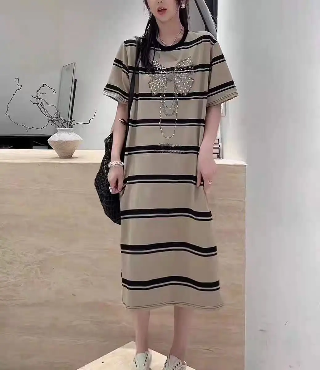 2024 Summer Fashionable Pregnant Women's Loose Dress Large Size Striped Knitted Dress Beaded Bowknot Maternity Straight Dresses