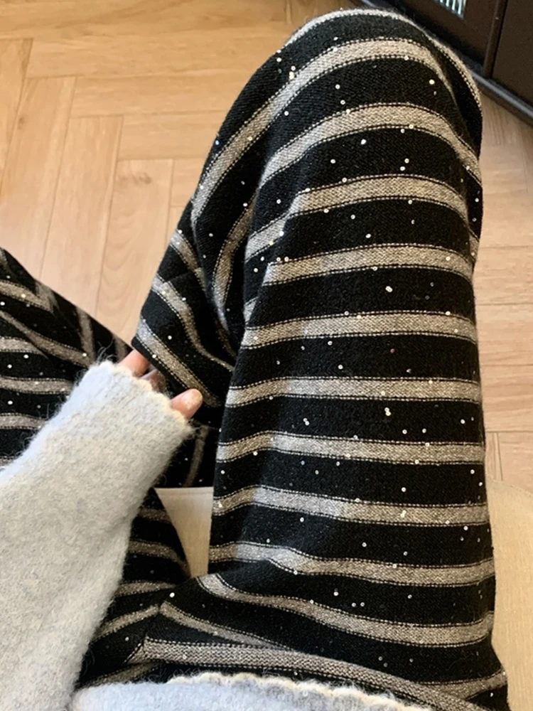 Color Blocking Striped Knitted Wide Leg Pants For Women Autumn Winter Sparkling Sequin Casual Straight Leg Floor Pants New