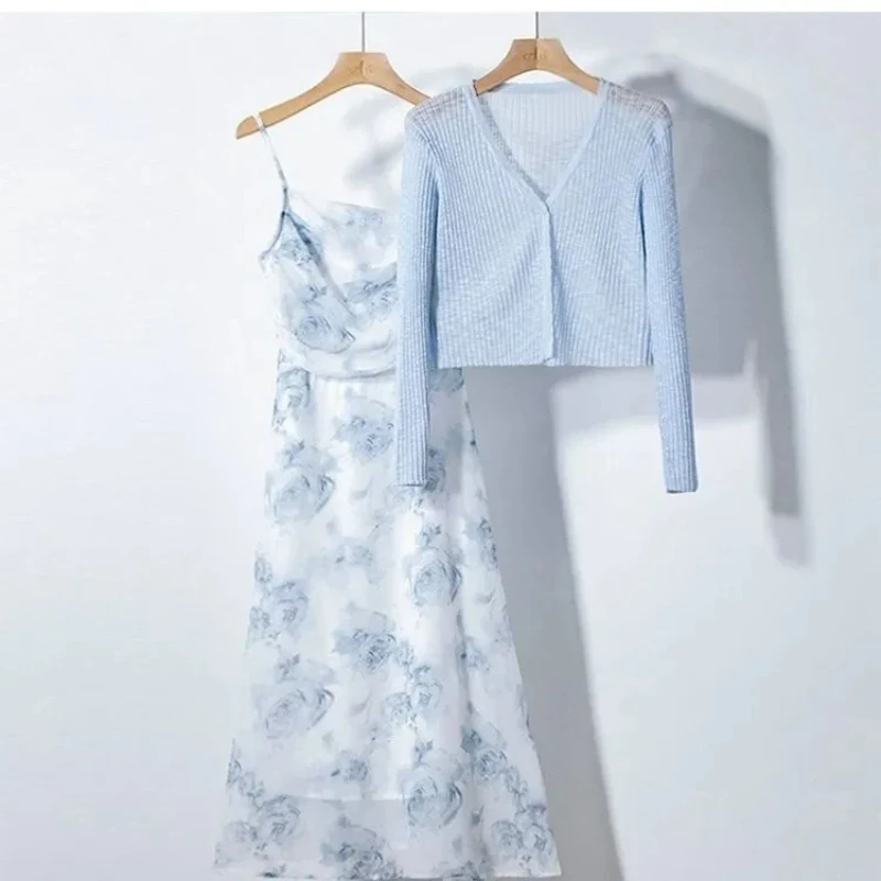 

Ink Painting Tie-dye Dress 2026 New Two-piece Blue Cardigan Top Suspender Dress