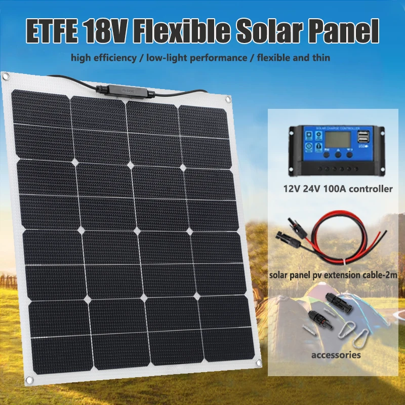 50W Solar Panel Kit Complete 18V Flexible Solar Panels Solar Cell PV Panel with 100A Controller Camping RV Supplies Power Bank