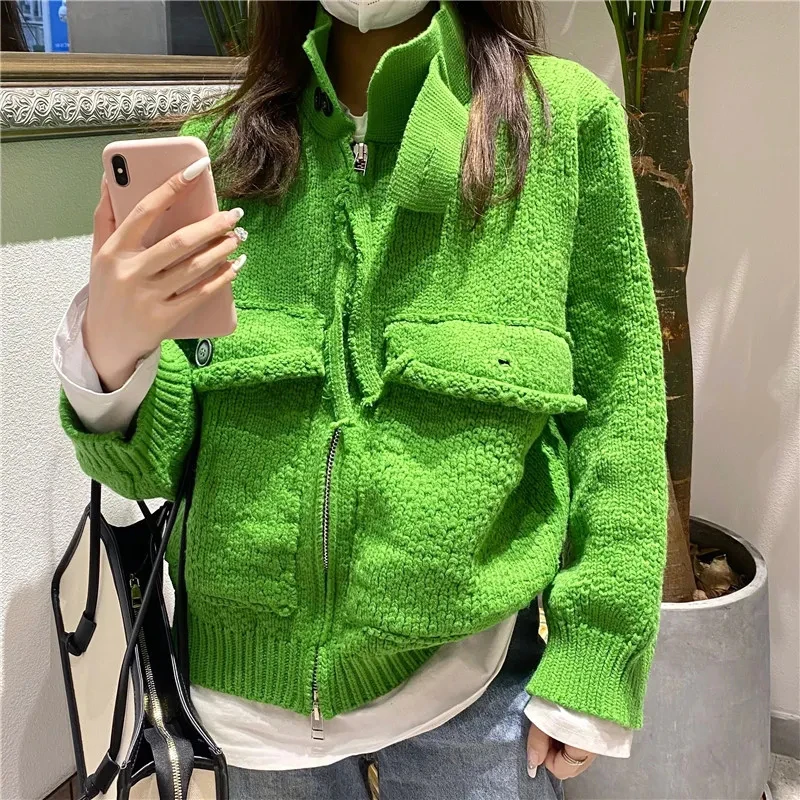 Harajuku Knitted Cardigan Women Vintage Oversized Sweater Coat Streetwear Korean Pocket Zipper Knitwear Casual Jumpers Jackets