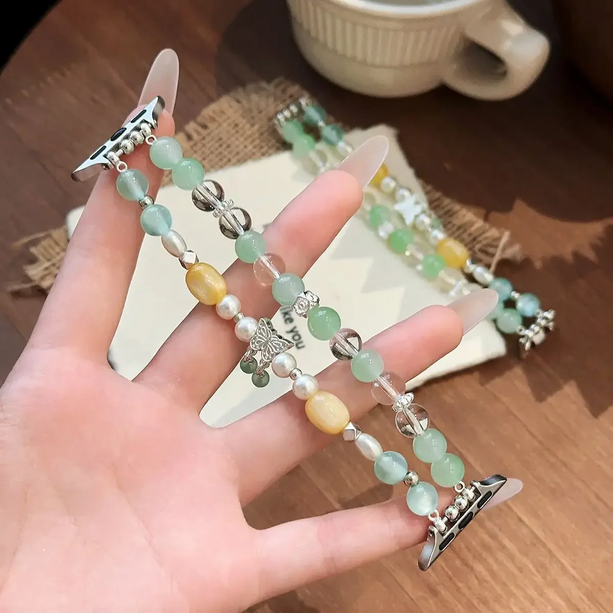 Double Layer Beaded Strap for Apple Watch Series 12 11 10 9 8 Butterfly Pendant Jewelry Wristband for Iwatch 40mm 44 41 45 42 46