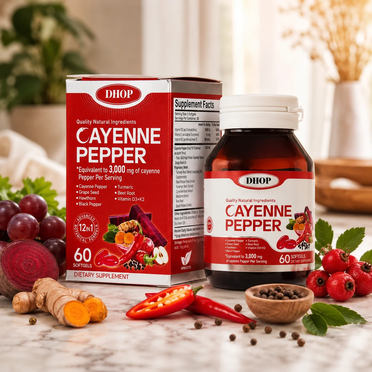 Cápsulas Blandas de Pimienta de Cayena DHOP con Vitamina D3 y K2, Vitamina E, Apoyo para la Salud Ósea, Apoyo para la Circulación, 60 Cápsulas Blandas