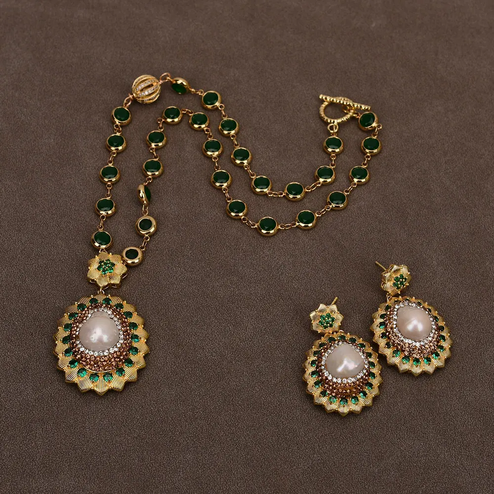 GG Натуральный Белый Кеши Жемчуг Зеленый Кристалл Цепи Ожерелье Подвеска Серьги Наборы Ювелирных Изделий