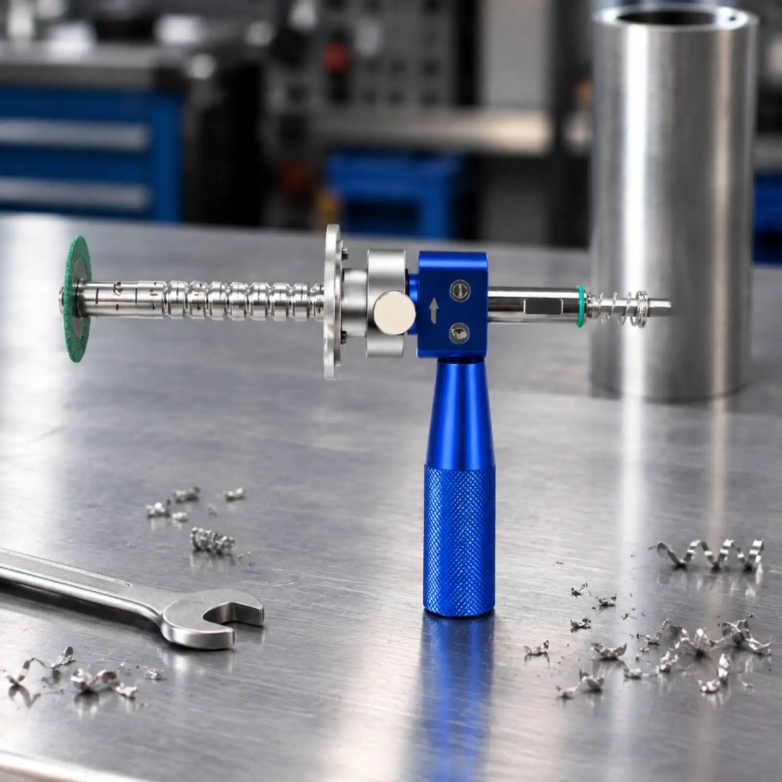 Blue Metal Tube Trimmer with Threaded Adjustment Rod for Confined Space PVC Pipe Cutting