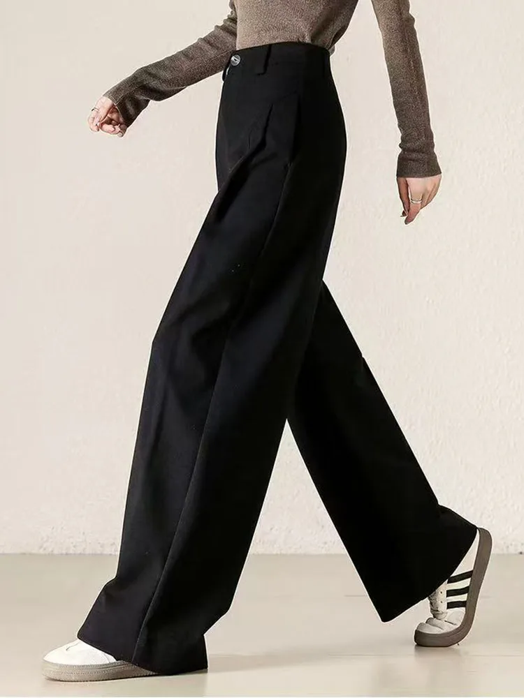 خريف شتاء سميكة مستقيم السراويل النساء عادية عالية الخصر الصوفية واسعة الساق Pantalones الكورية موضة فضفاضة الصوف مزيج Spodnie جديد #6