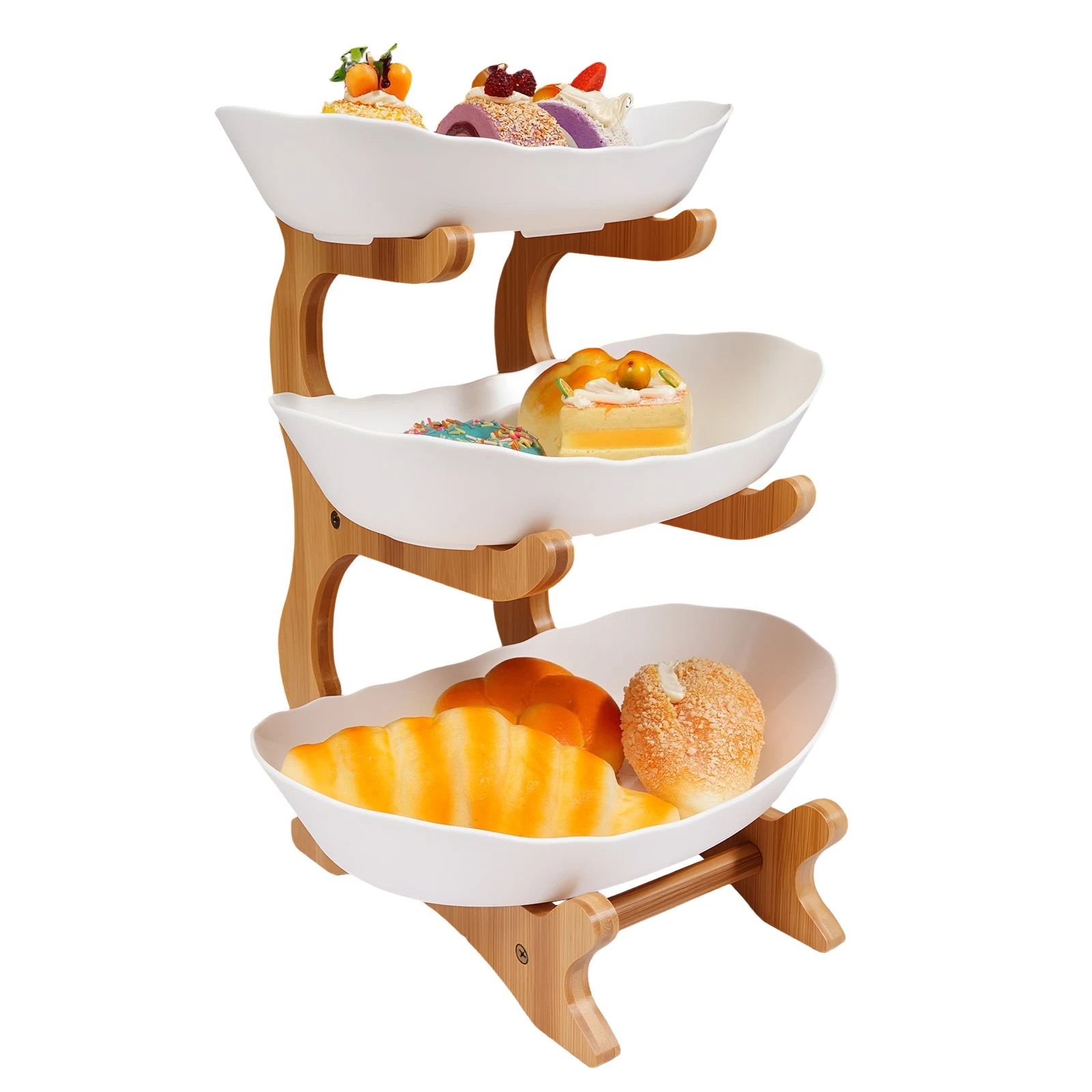3-Tier Bamboo Kitchen Storage Rack, Ceramic Serving Bowls with Metal Stand Porcelain, Tabletop Fruit Bowl for Kitchen Counter Assembly