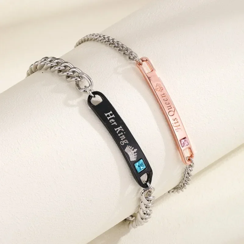 

2pcs Couple Bracelets "His Queen Her King" Pendant Stainless Steel Bracelets Surprise for Boyfriend Girlfriend Dropshipping