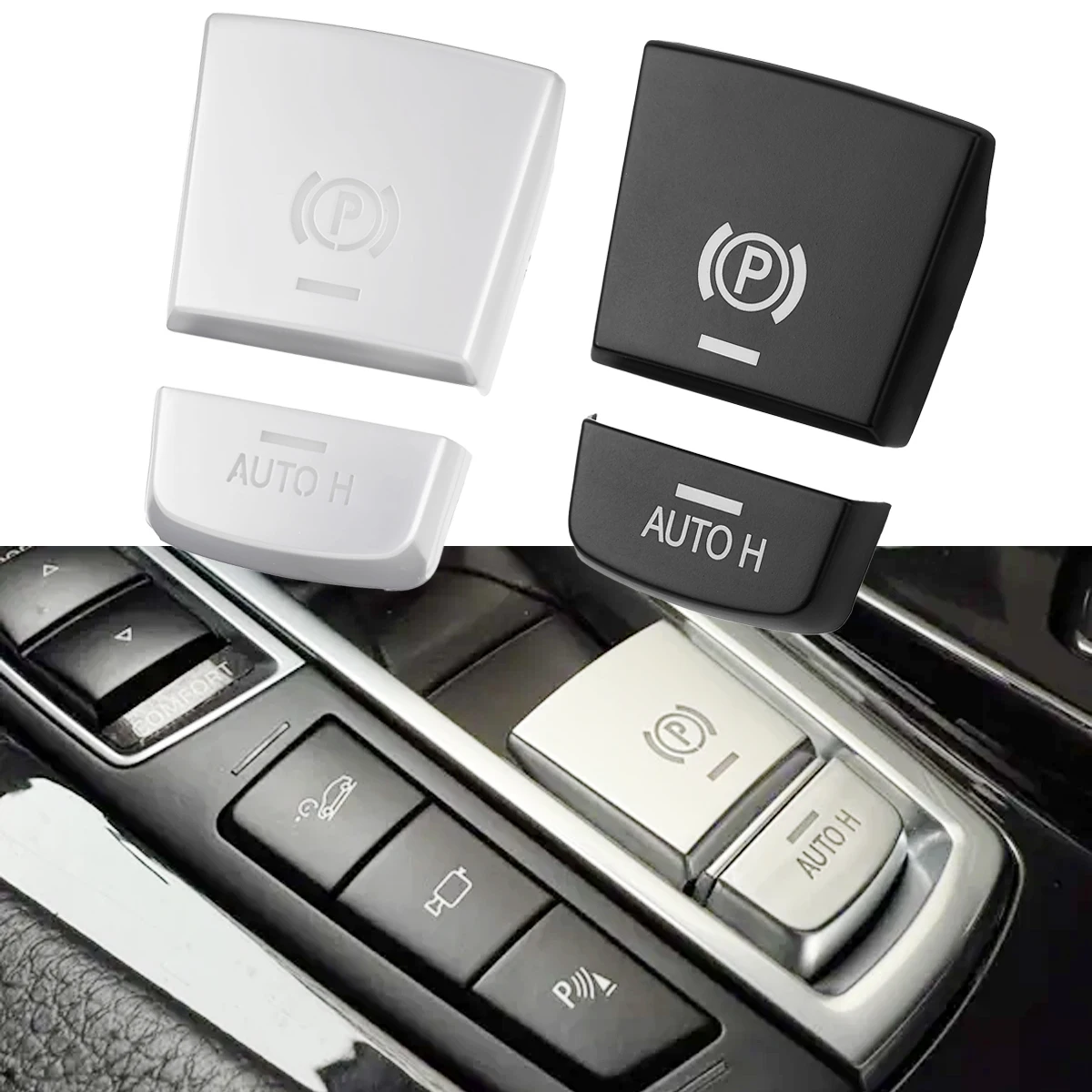 

Наклейка-накладка на кнопку автоматического стояночного тормоза (P AUTO H) для BMW 5, 6, 7, X3, X4, X5, X6 серий F10, F12, F01, F15, F16, F25, F26