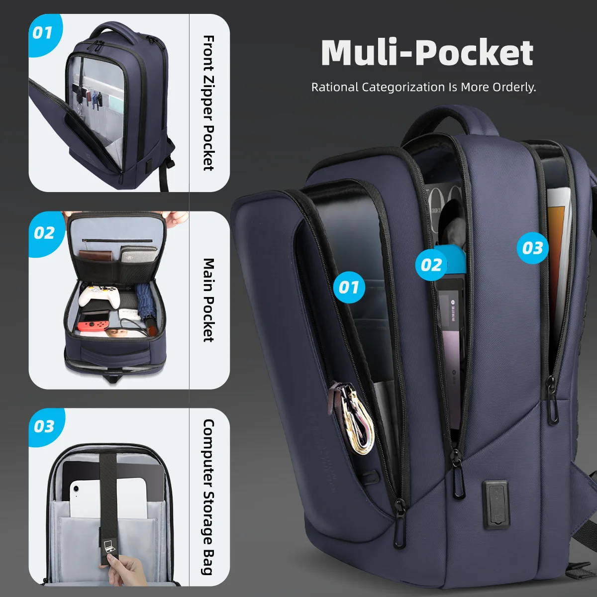 حقيبة ظهر للكمبيوتر المحمول للرجال من HcanKcan مقاس 15.6 بوصة حقيبة ظهر بسيطة للأعمال مع شحن USB حقائب مدرسية متعددة الجيوب للسفر #3