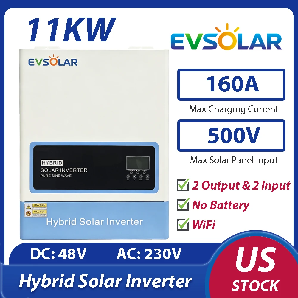 

EVSOLAR 11KW Hybrid Solar Inverter Pure Sine Wave Dual Output Dual Input 48V to 230V Can NO Battery With WiFi 160A MPPT 500V PV