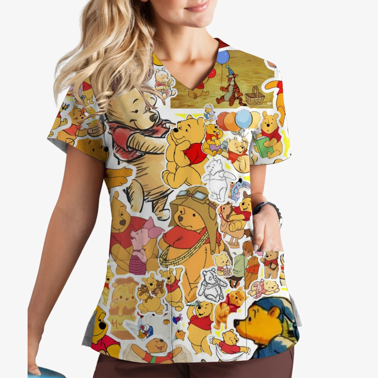 2025 Disney Series Printed Winnie the Pooh Women's Summer Hospital Nursing Home Florist Work Uniform V-Neck Print Scrub Top