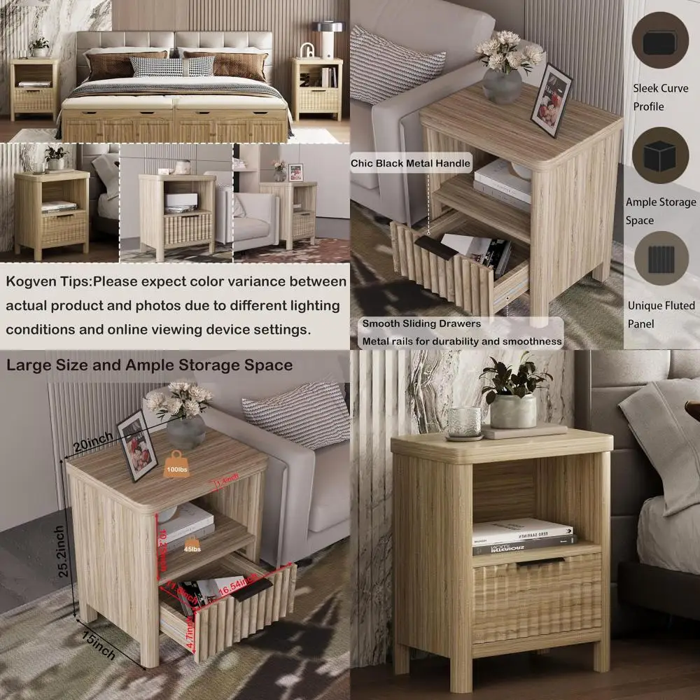 

Large Modern Wood Nightstand with Drawer, Fluted Panel Design, Mid Century Farmhouse Style Side Table for Bedroom (Nature Wood,