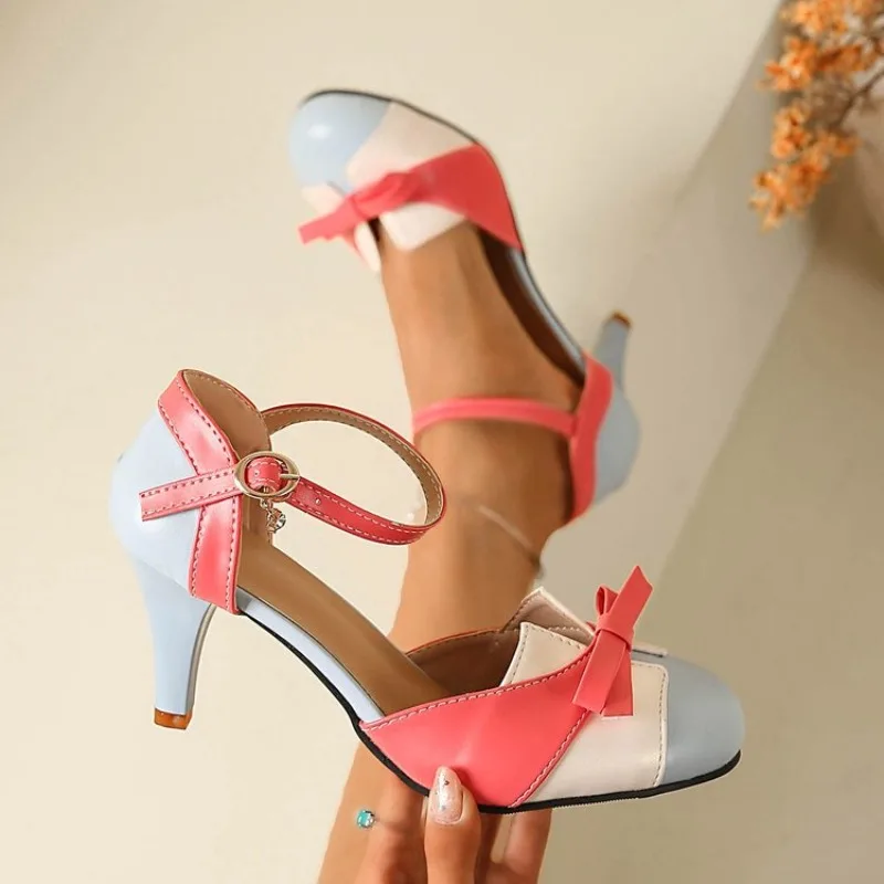 Damen Vintage Mary Jane Pumps 2026 Neu Farbblock Schleife Pumps Knöchelriemen High Heels Party Kleiderschuhe Übergröße