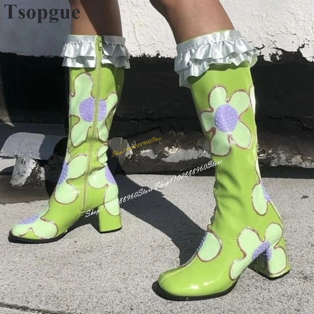 Lovely Green Flower Print Ruffles Decor Boots Thick Heel Shoes For Women Side Zipper Round Toe 2024 Fashion Zapatos Para Mujere