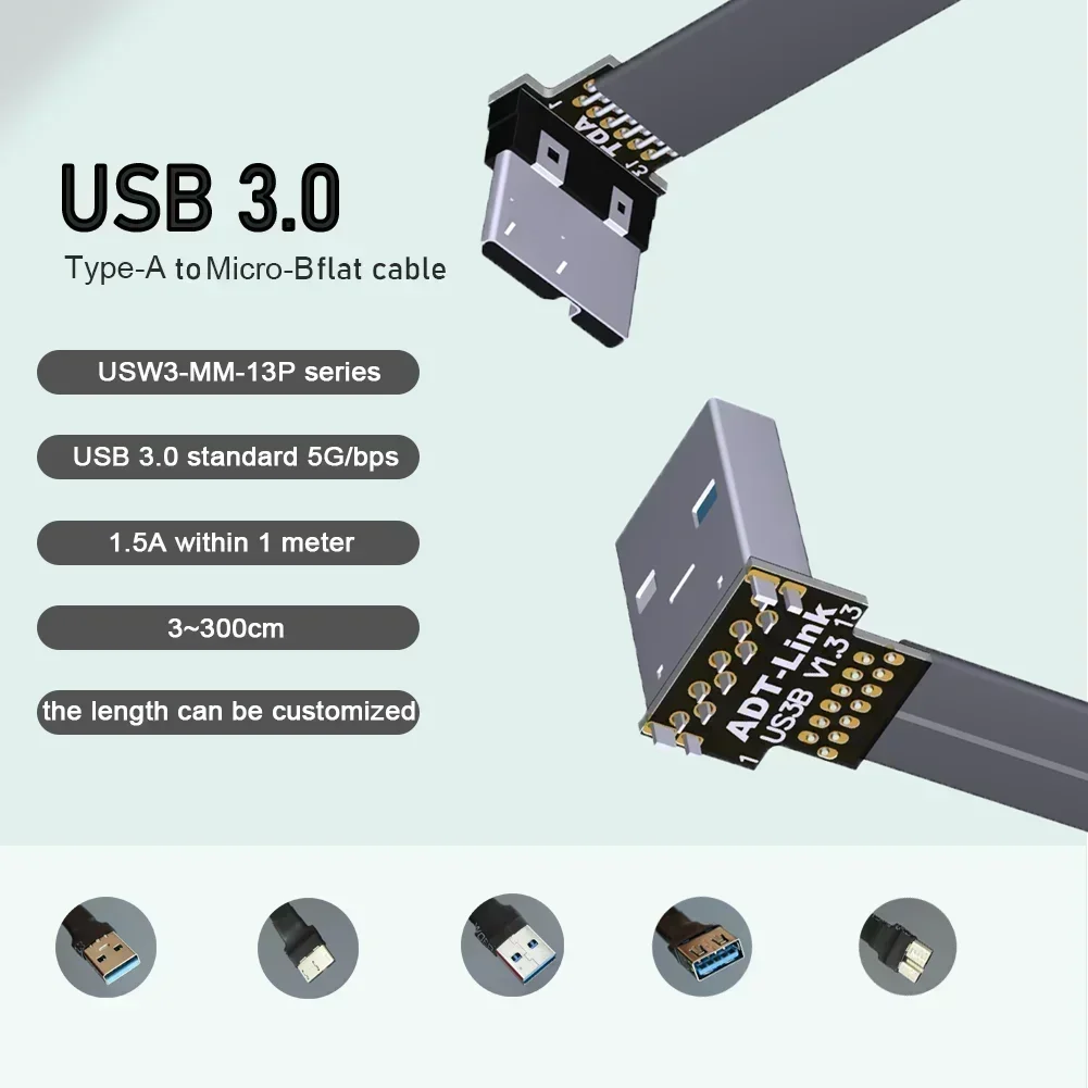 ADT FPV USB 3.0 USB-A To Micro-B Flat OTG Ribbon Cable 3~300CM FPC FPV Extension Photography Cord FFC USB 3.0 Connector Extender