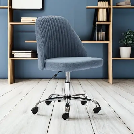 Office Modern Linen Swivel Task Upholstered Fabric Desk Chair Armless with Wheels, Middle, Blue