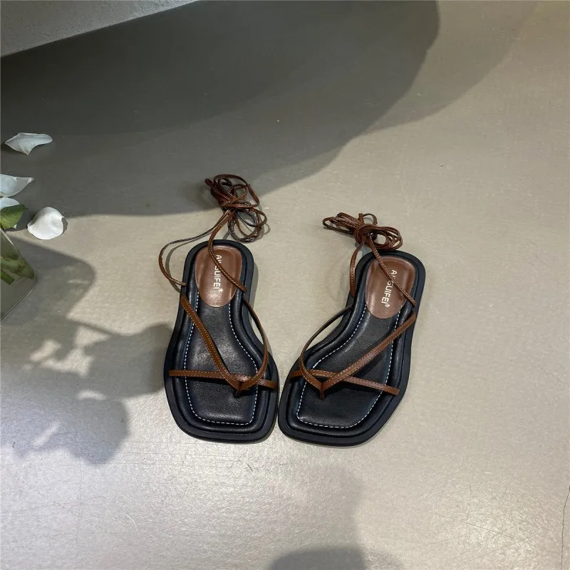 Comfort Shoes for Women 2023 Sandals Suit Female Beige Block Heels Square Toe Flip Flops Platform New Summer Low Black Chunky La