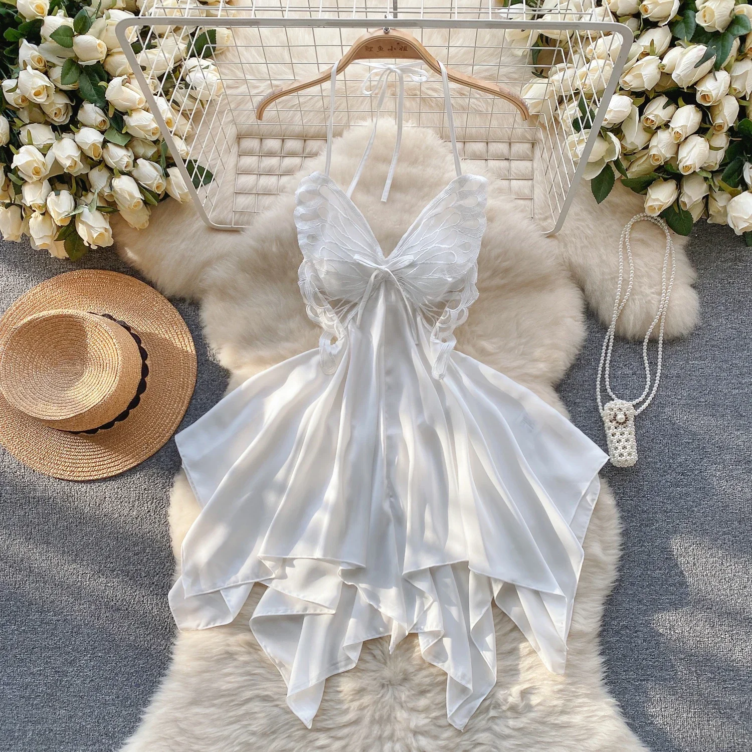 Pijamas sexys de encaje de mariposa para mujer, vestido de cuerpo con espalda descubierta y empalme Halter, vestido ajustado porno erótico Irregular