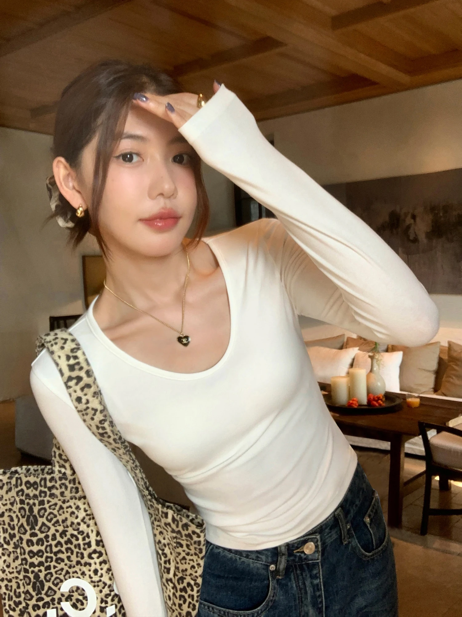 Pusumede U-Neck Long Sleeve Knitted Slim Fit T-Shirt Women's Elegant Shoulder Correcting Base Shirt Inner Wear Cotton Blend