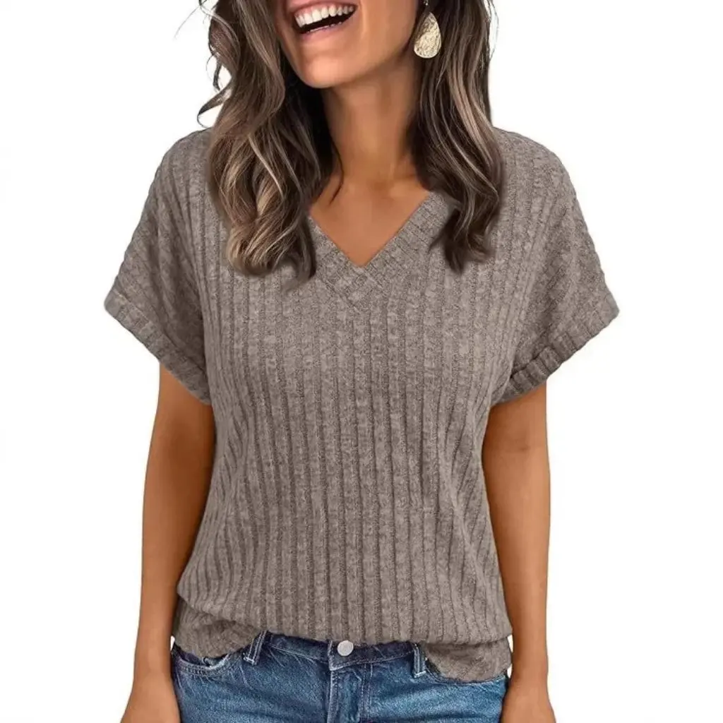 

Summer Women's Short-Sleeved V-Neck T-Shirt Casual Pullover Top European And American Style Fashion