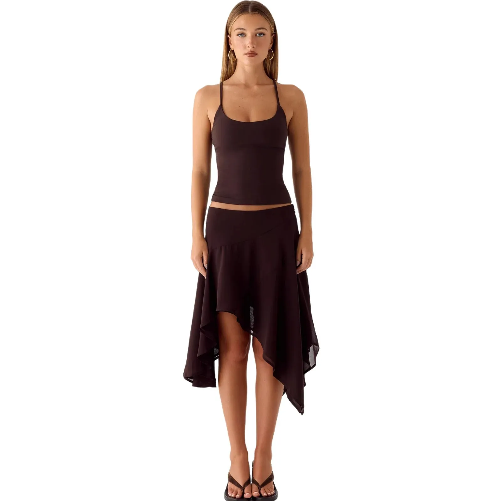 Women's Y2K Chiffon Midi Skirt French Vintage High Waist Flowy A-Line Skirt Elegant Ruched Asymmetric Summer Vacation Skirts
