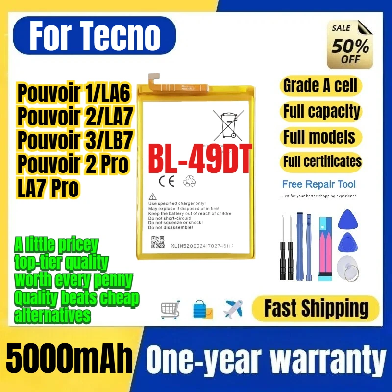 BL-49DT for Tecno Pouvoir 1/LA6/Pouvoir 2/LA7/Pouvoir 3/LB7/Pouvoir 2 Pro/LA7 Pro Phone Battery Replacement Bateria with Tools
