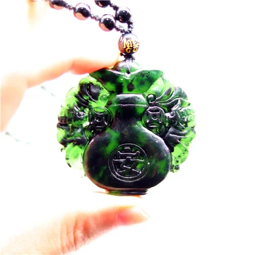 

Natural Black Green Chinese Jade Vase Pendant Necklace Obsidian Bat Charm Jewelry Double-sided Carved Amulet Gifts for Men Women