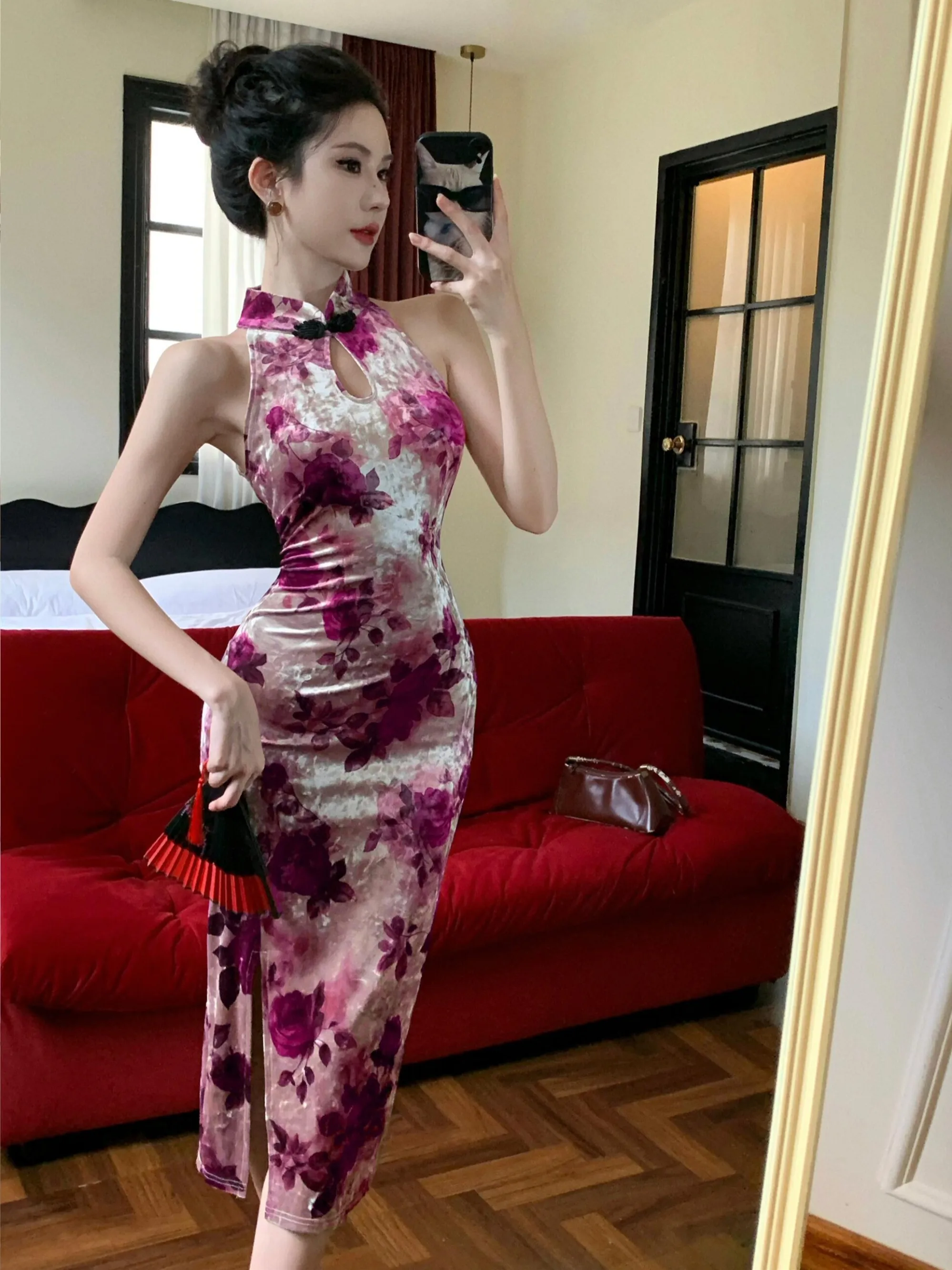 

Осенне-зимнее винтажное китайское платье-ципао с цветочным принтом, приталенное, миди, для женщин