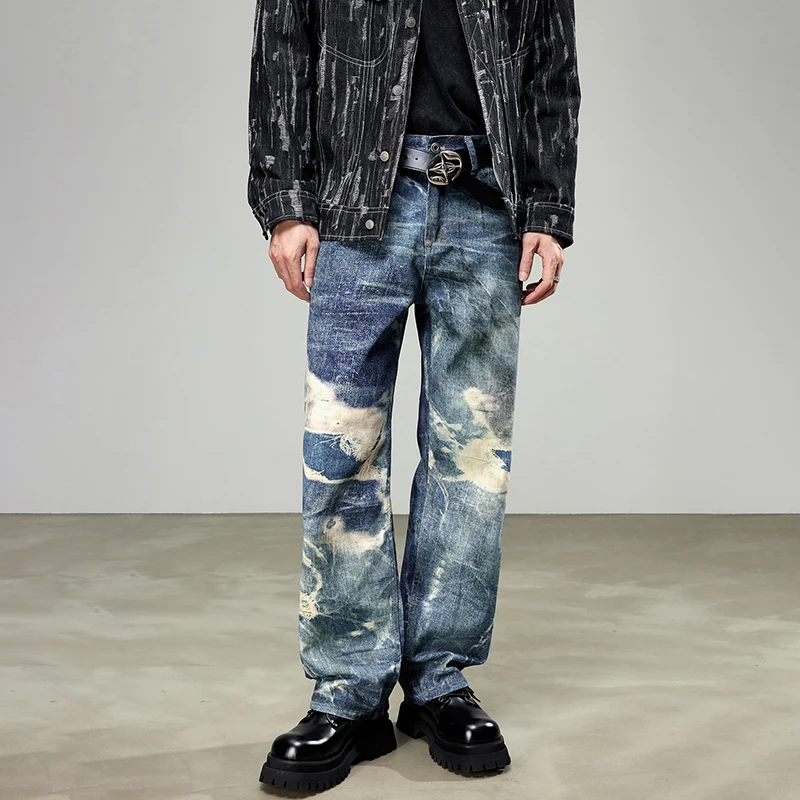 

American street heavy denim jeans men's spring and summer models tide loose personality design sense niche gangster handsome