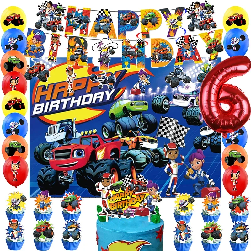 Blaze Monster Car Birthday Party Decoration Balloon Banner Backdrop Cake Topper Monster Car Party Supplies Baby Shower