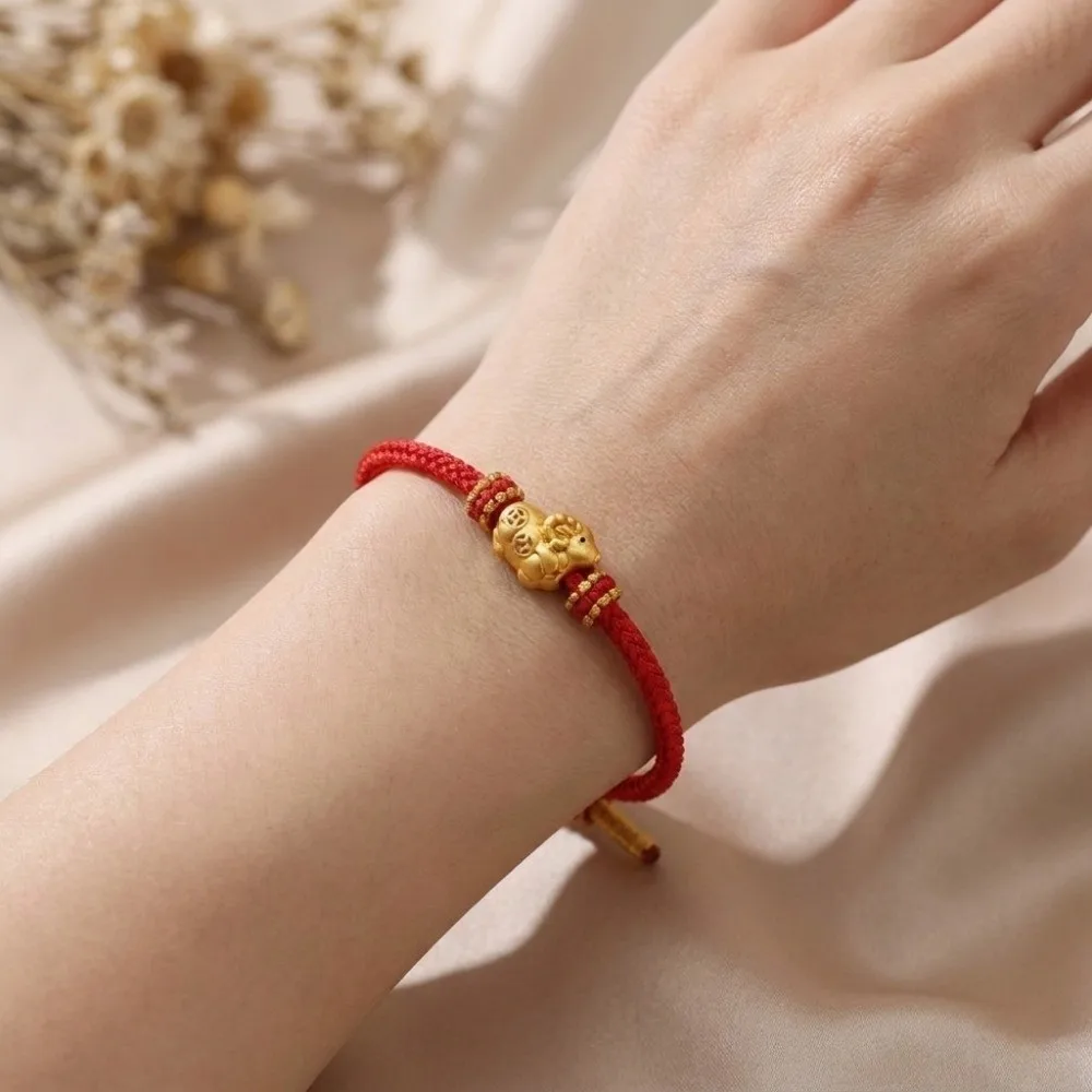 Braided Zodiac Goat Bracelet Adjustable Gold Plated Red String Hand Chain Sliding Lightweight Lucky Bracelet Chinese New Year