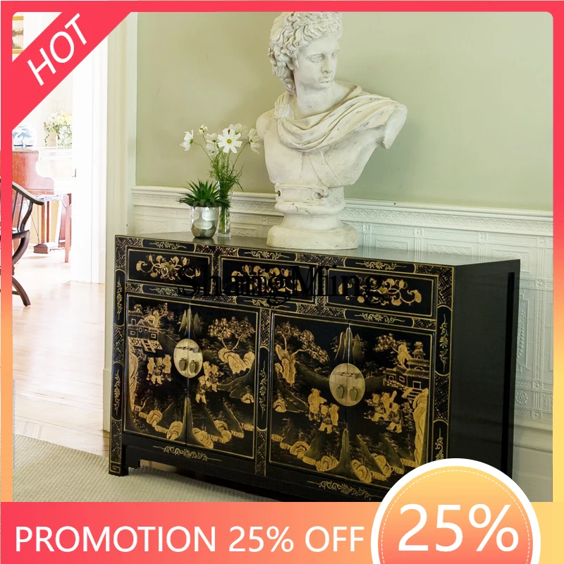 

Тумба для обуви из массива виноградного венге в стиле ретро, классическая, черная с золотой росписью, для прихожей