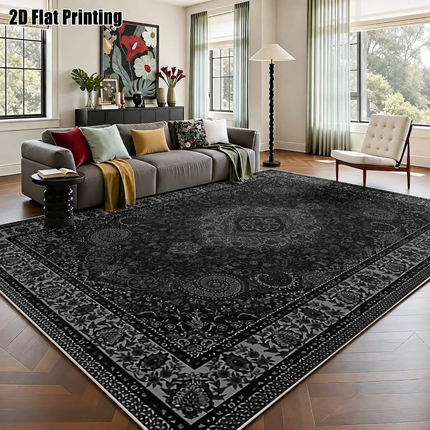 1Pc 2D Printed Velvet Carpet with Black-Gray Retro Patterns, Machine Washable, Multi-Size Home Decor Rug for Entryway, Dining Room, Bedroom, Living Room