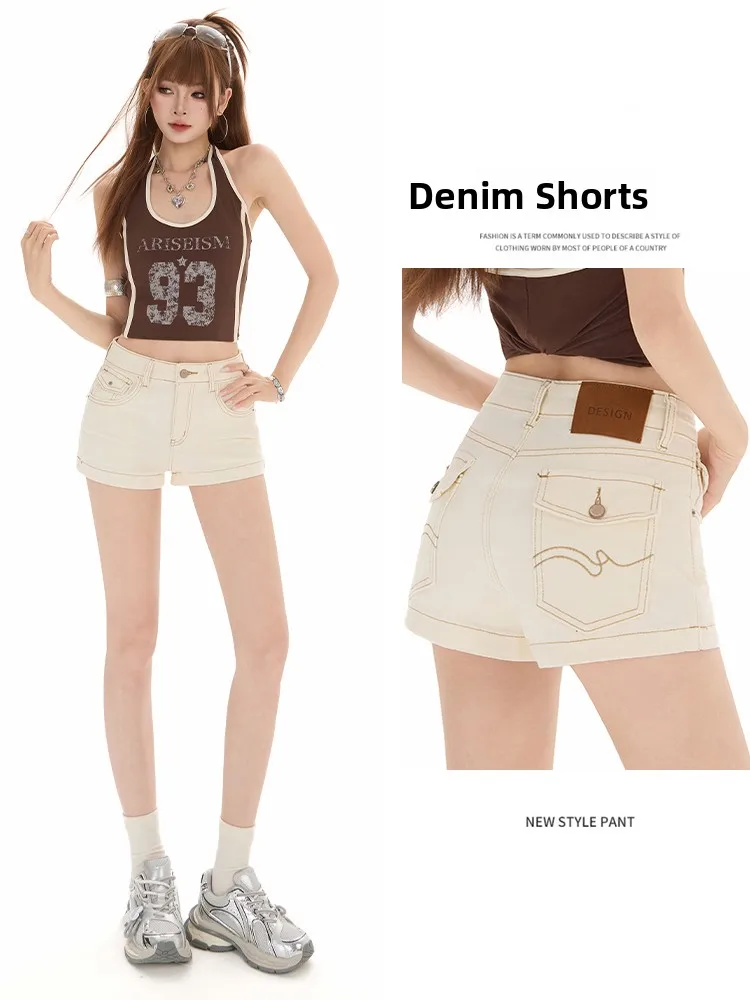 

Low Waist A-Line Denim Shorts Women's Summer Thin Embroidered Back Pocket Hot Pants Slimming Effect Light Wash Cotton Blend