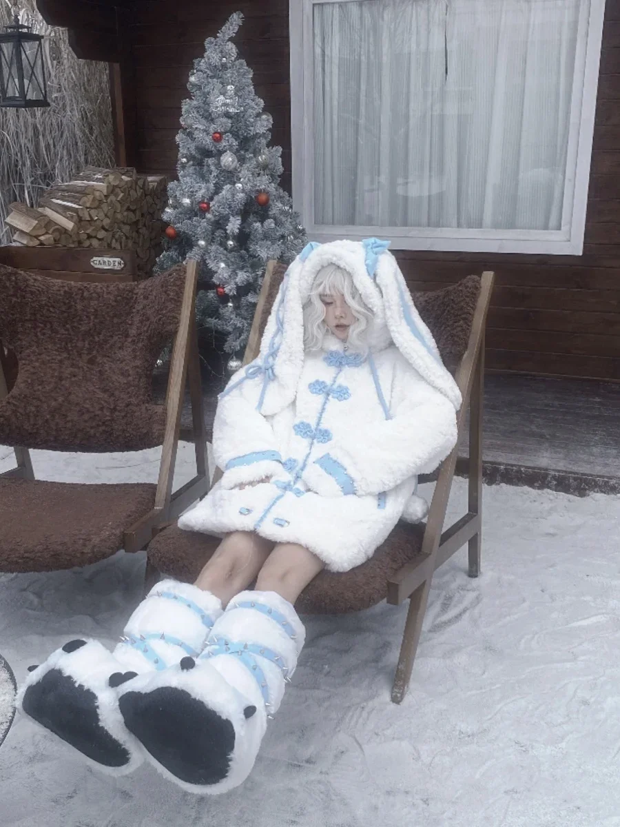 Abrigos de invierno Y2k para mujer, subcultura japonesa 2D, bonito lazo con orejas de conejo, bordado con capucha, chaquetas largas gruesas y cálidas de felpa