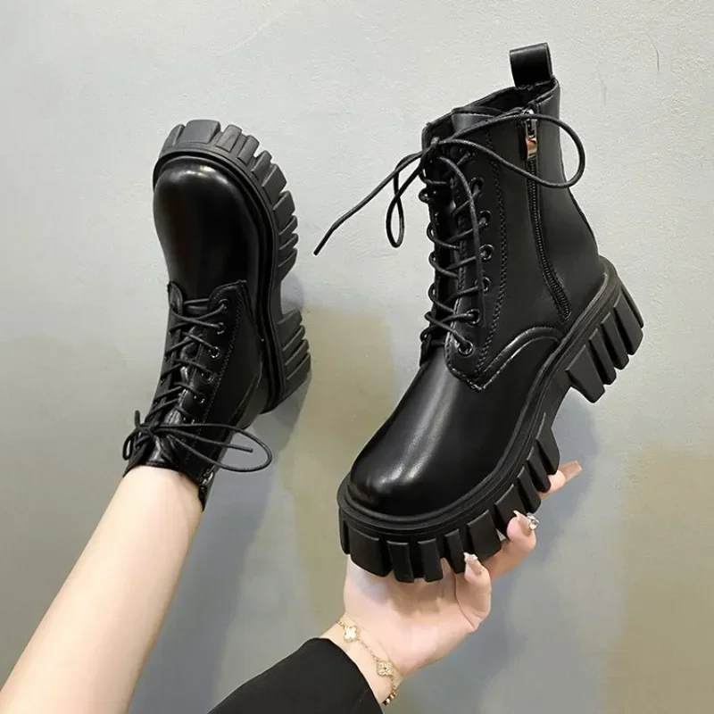 

Women's Boots 2024 Autumn/winter New Korean Version Fashion Thick Soled Lace Up Height Increasing Platform Zipper Women's Boots