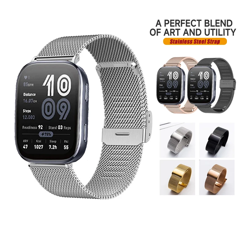Bracelet en métal milanais de 20mm et 22mm, en acier inoxydable, à la mode, pour Amazfit Bip 6 / Bip 5 / Unity/ Bip 3 Pro S U Lite/GTS 4 3 2 mini