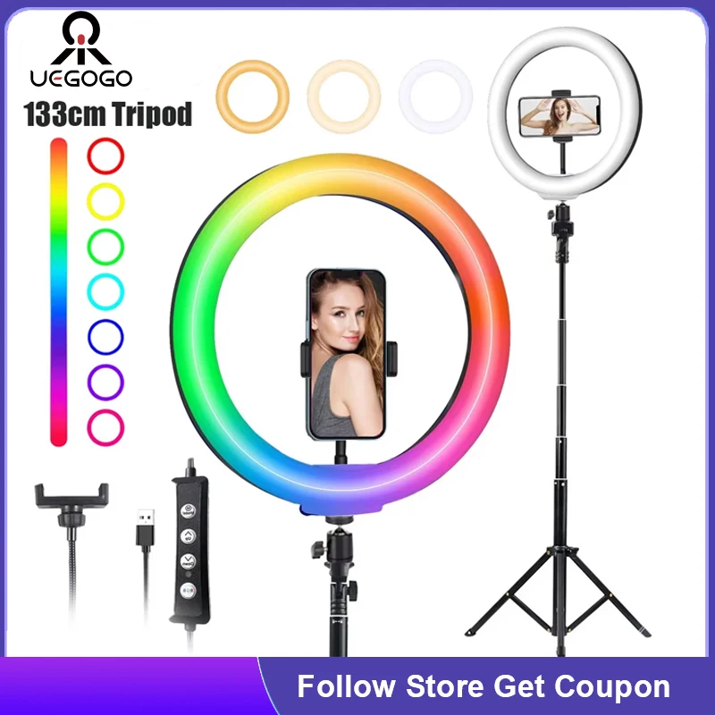 

UEGOGO Portable Extend Selfie Stick Tripod 133cm with LED Ring Fill Light RGB Panel fill Lamp For Cellphone Xiaomi Stand holder