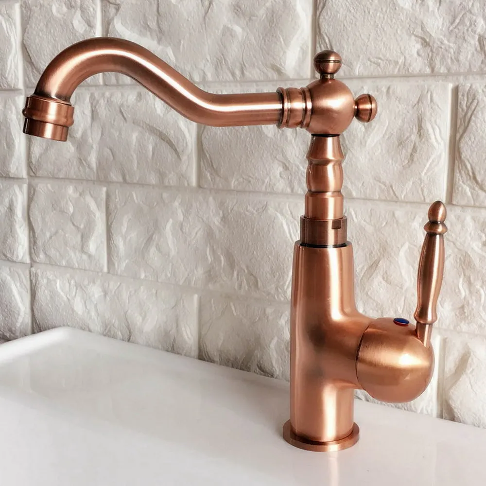 

Antique Red Copper Bathroom Vanity Sink Faucet Single Ceramic Handles Brass Hot and Cold Mixer Tap znf410